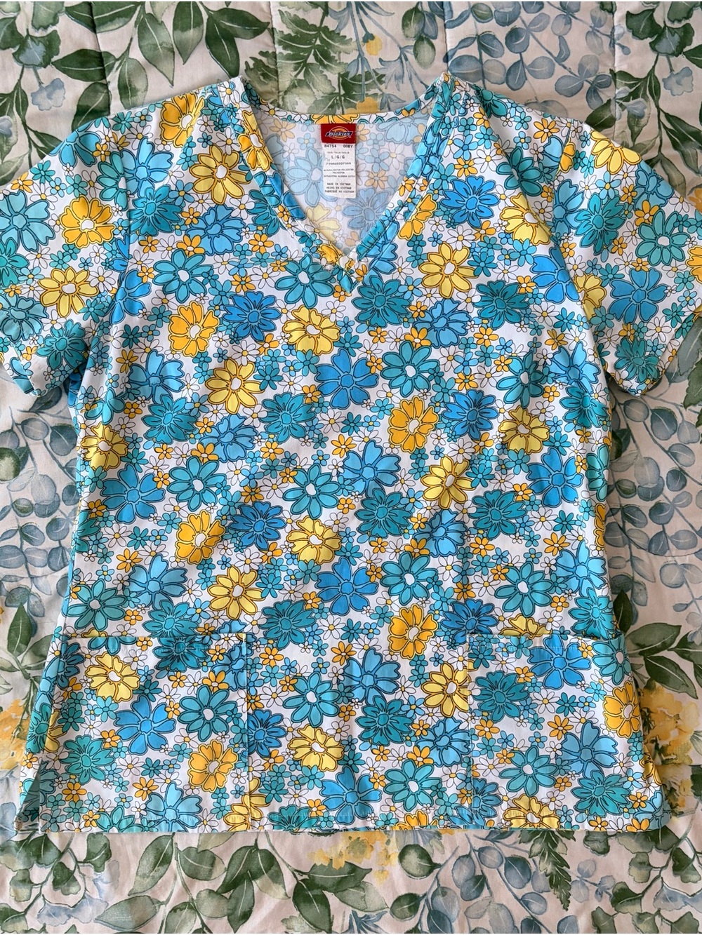 Dickies Bright Floral V-Neck Scrub Top in Blue & Yellow